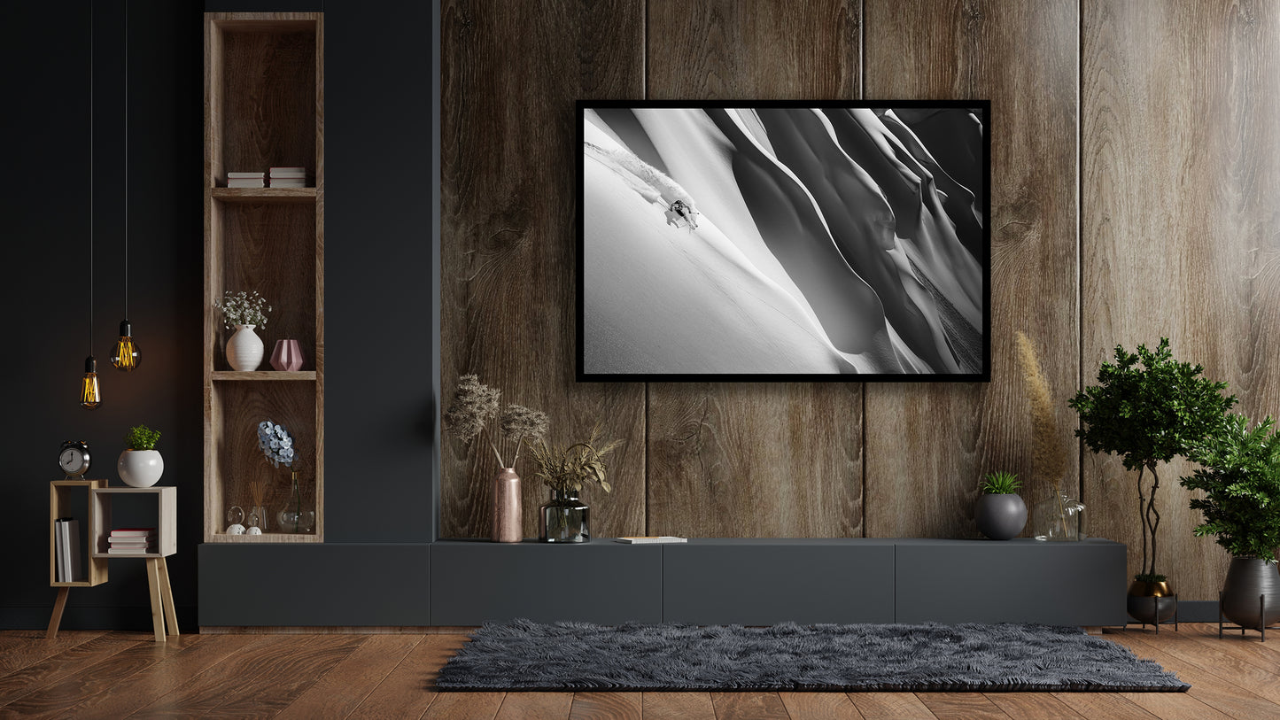 Fine art print of skier Cody Townsend skiing a line in Whistler Blackcomb backcountry by Jussi Grznar