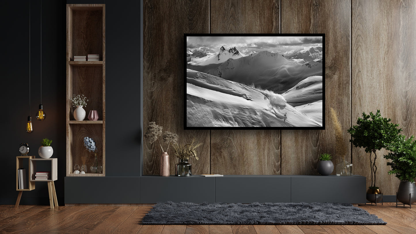 Fine art print of snowboarder riding a line in Whistler Blackcomb backcountry by Jussi Grznar - winter landscape