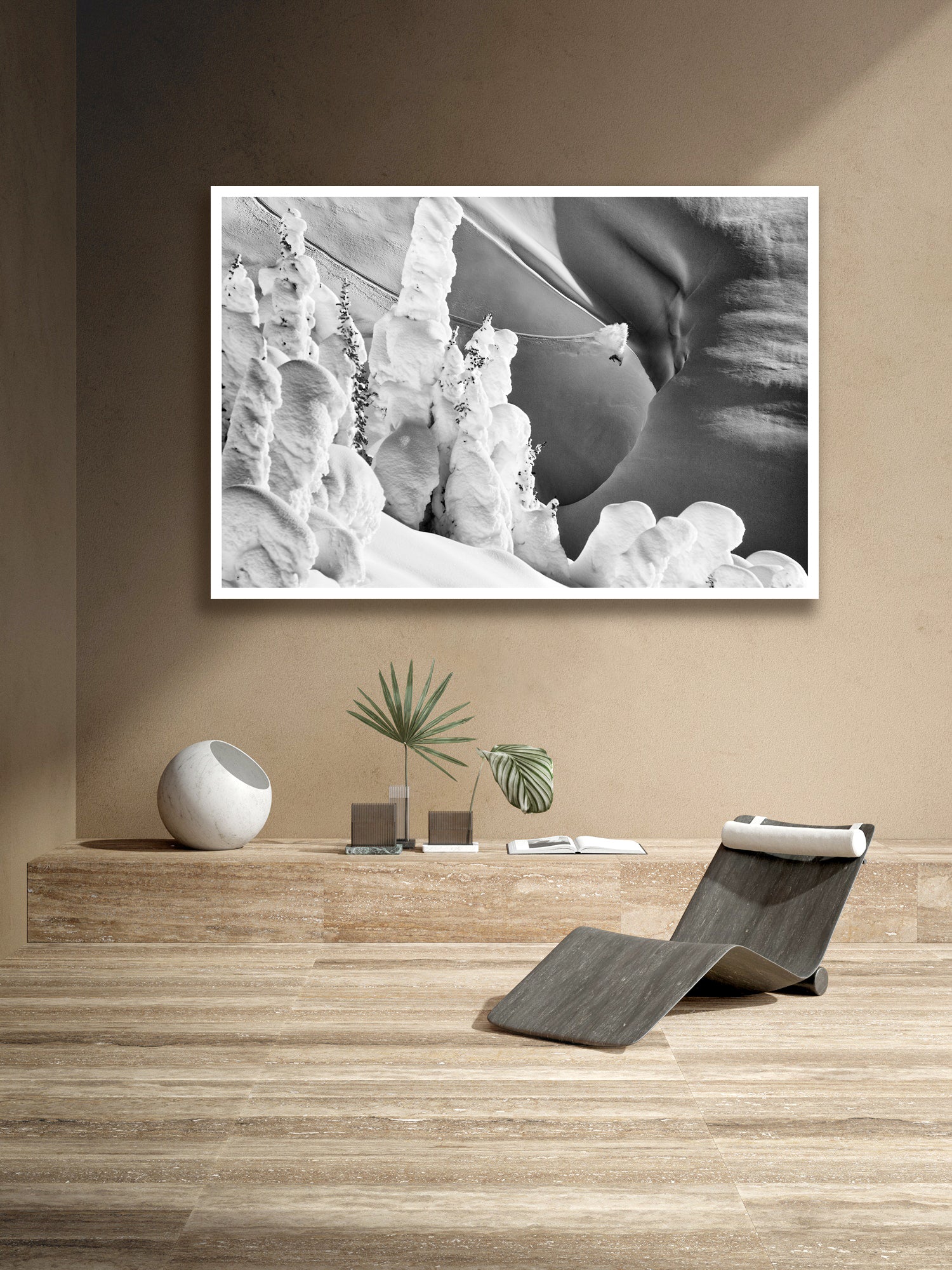 Fine art print of a snowboarder riding a line  in Whistler Blackcomb backcountry by Jussi Grznar - winter landscape