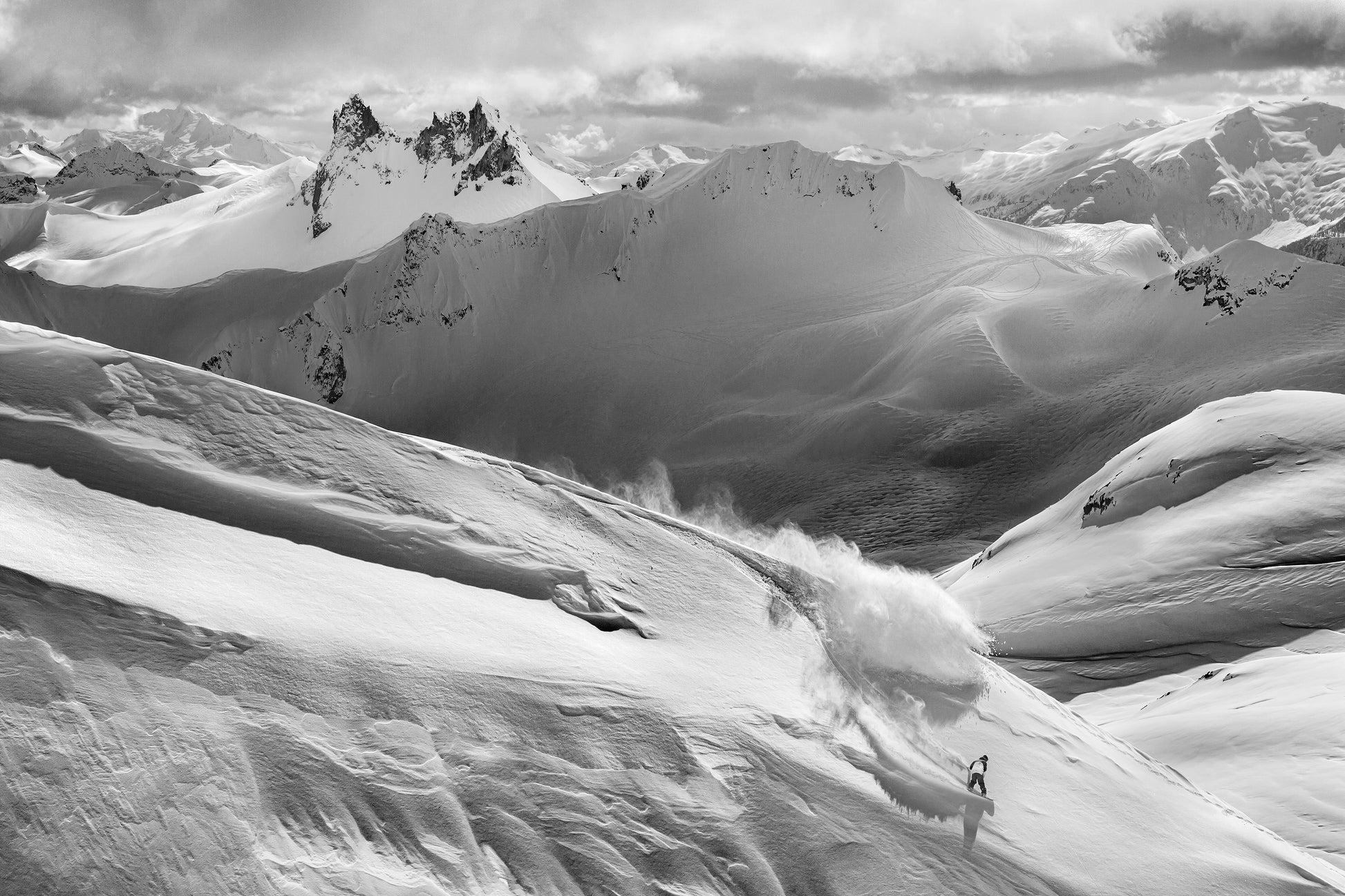 Fine art print of snowboarder riding a line in Whistler Blackcomb backcountry by Jussi Grznar - winter landscape