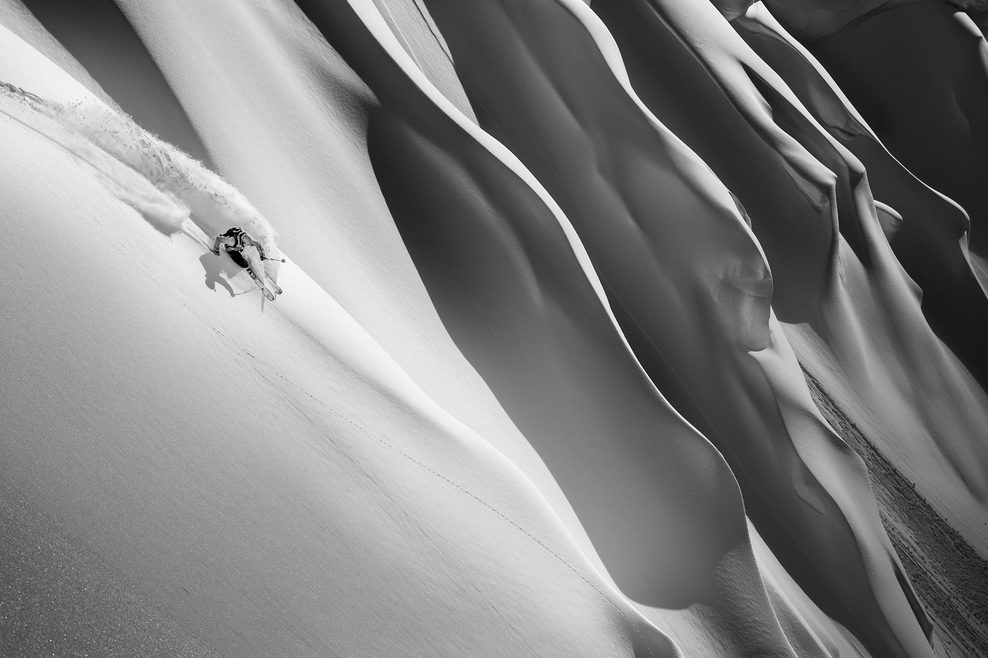 Fine art print of skier Cody Townsend skiing a line in Whistler Blackcomb backcountry by Jussi Grznar